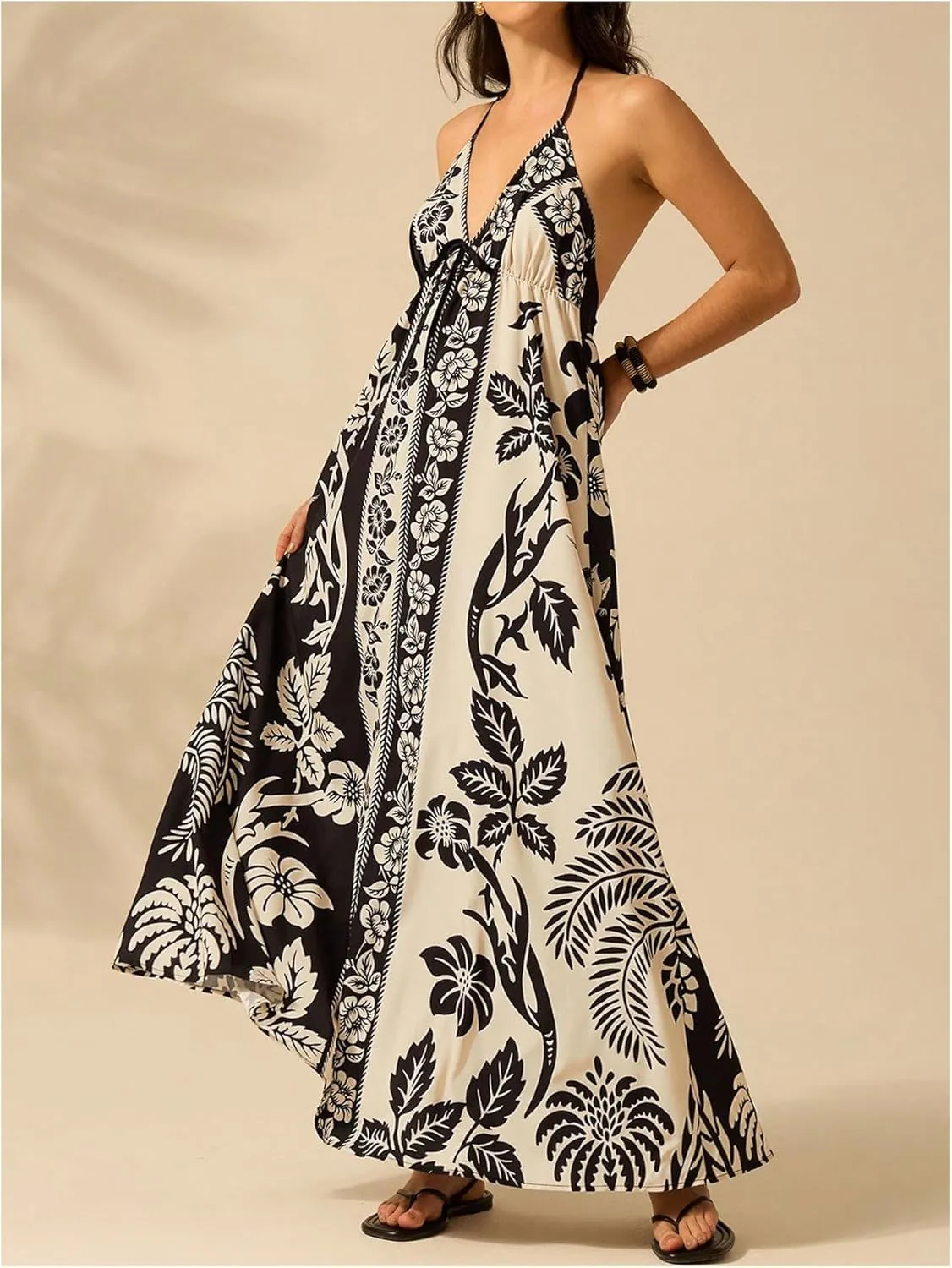SOLY HUX Women's Boho Floral Print Maxi Dress Halter Backless Flowy Long Vacation Beach Summer Dresses
