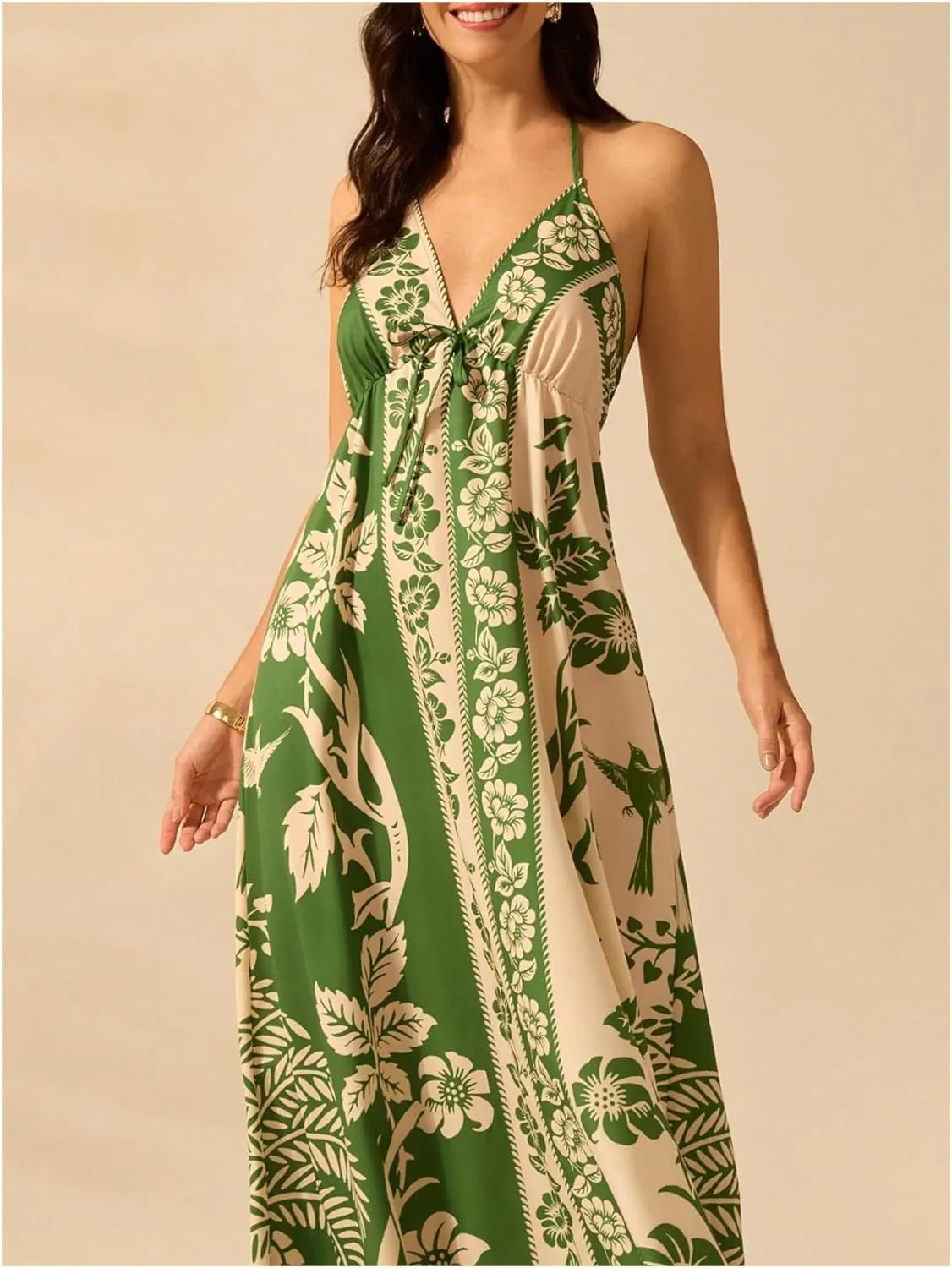SOLY HUX Women's Boho Floral Print Maxi Dress Halter Backless Flowy Long Vacation Beach Summer Dresses
