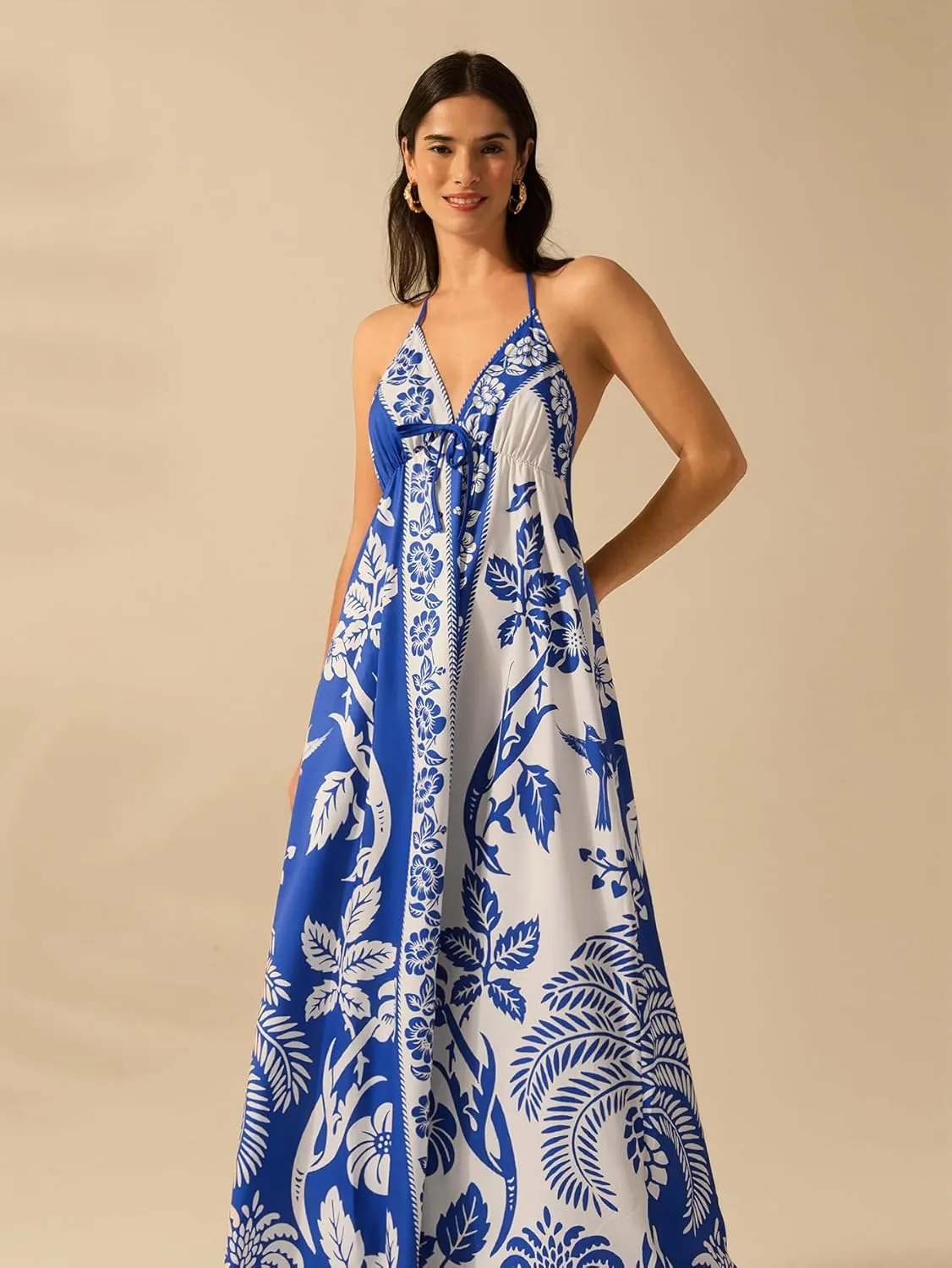 SOLY HUX Women's Boho Floral Print Maxi Dress Halter Backless Flowy Long Vacation Beach Summer Dresses