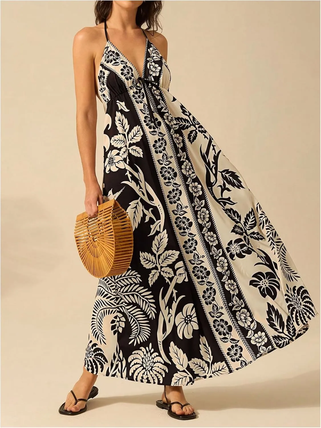 SOLY HUX Women's Boho Floral Print Maxi Dress Halter Backless Flowy Long Vacation Beach Summer Dresses