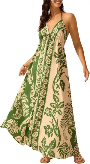 SOLY HUX Women's Boho Floral Print Maxi Dress Halter Backless Flowy Long Vacation Beach Summer Dresses