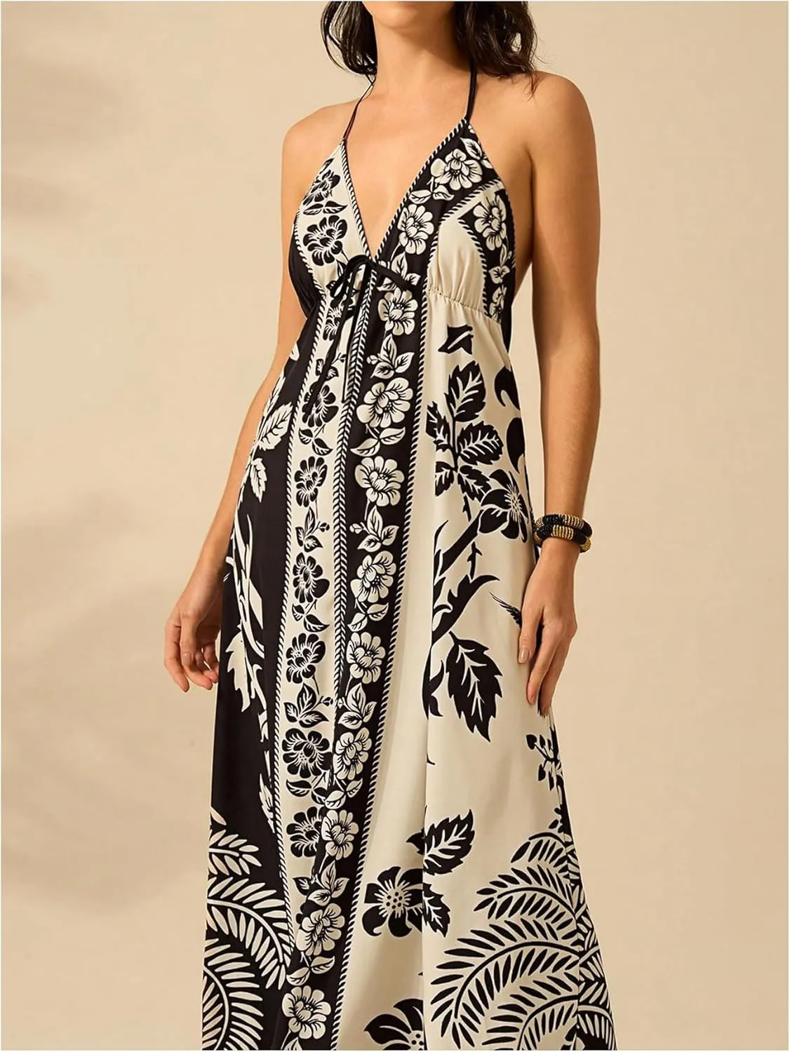 SOLY HUX Women's Boho Floral Print Maxi Dress Halter Backless Flowy Long Vacation Beach Summer Dresses