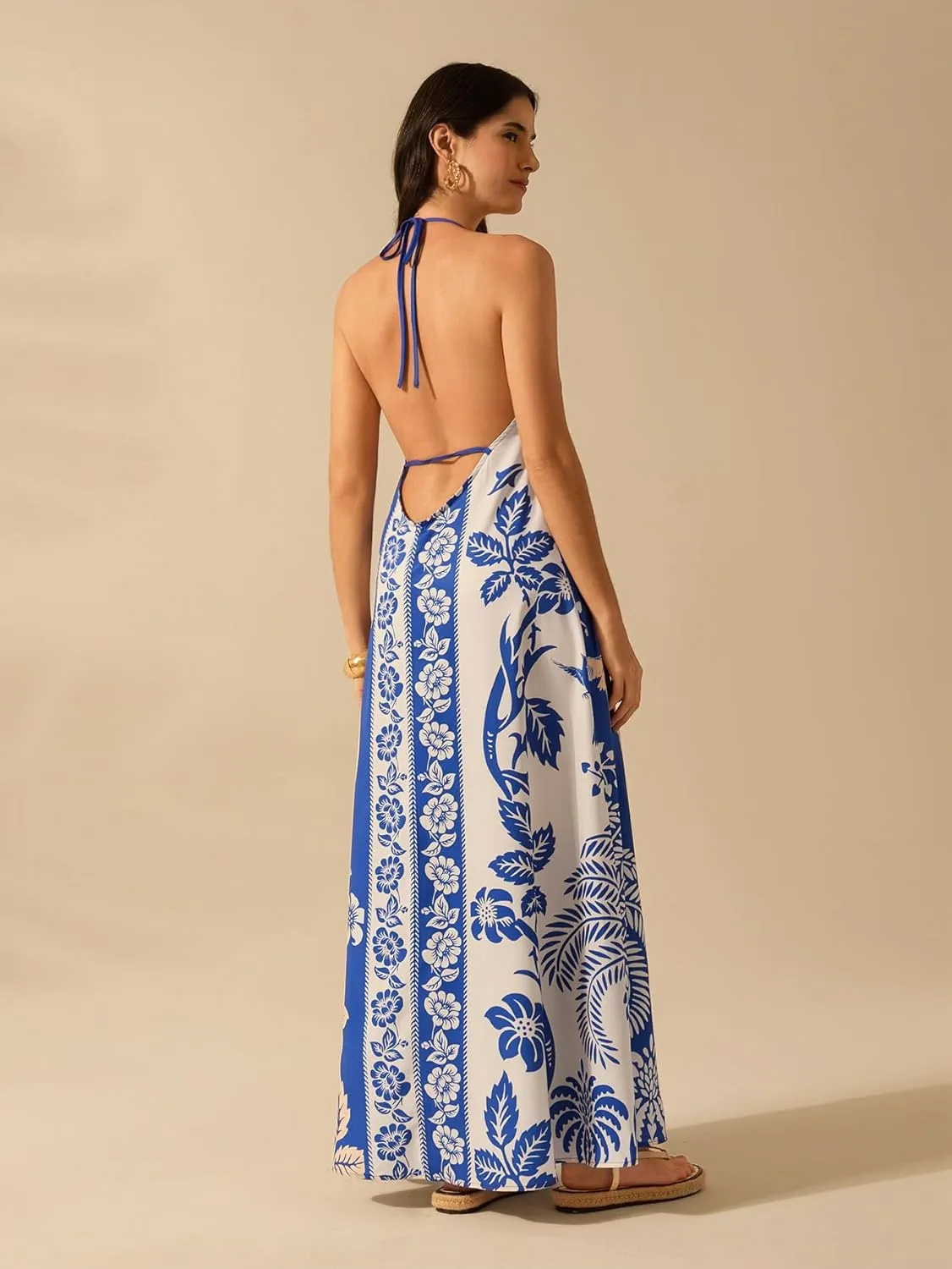 SOLY HUX Women's Boho Floral Print Maxi Dress Halter Backless Flowy Long Vacation Beach Summer Dresses
