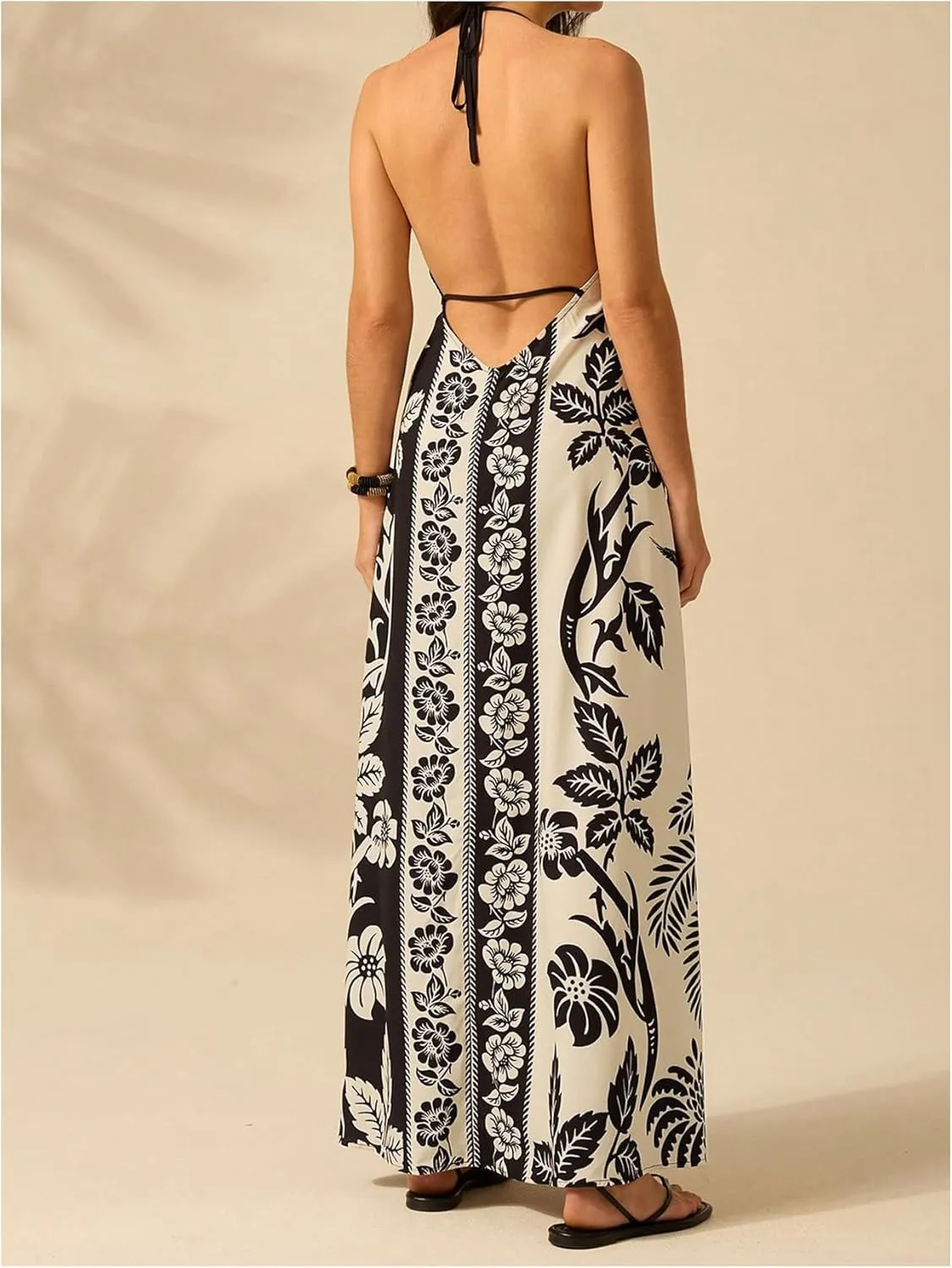 SOLY HUX Women's Boho Floral Print Maxi Dress Halter Backless Flowy Long Vacation Beach Summer Dresses