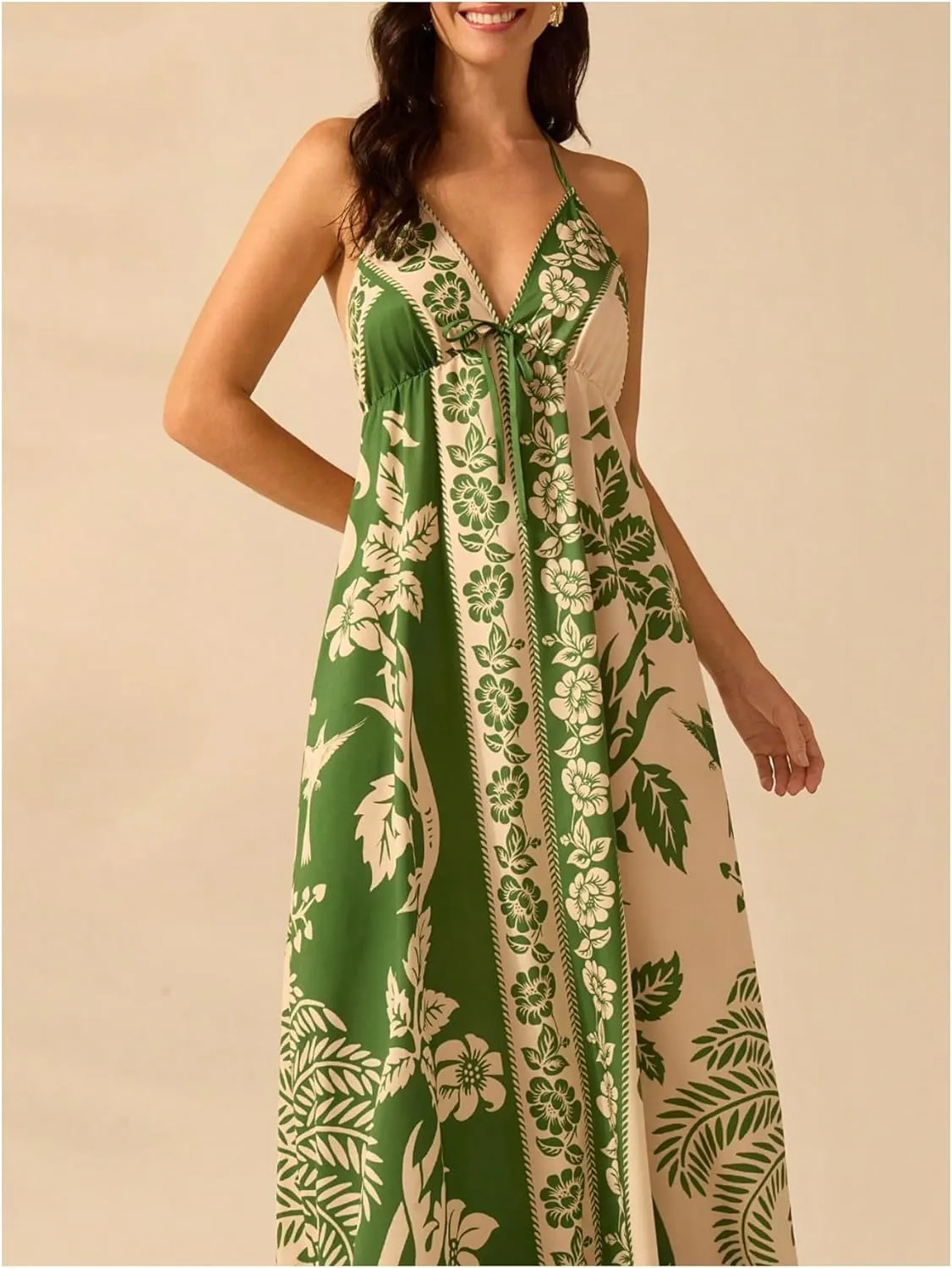 SOLY HUX Women's Boho Floral Print Maxi Dress Halter Backless Flowy Long Vacation Beach Summer Dresses