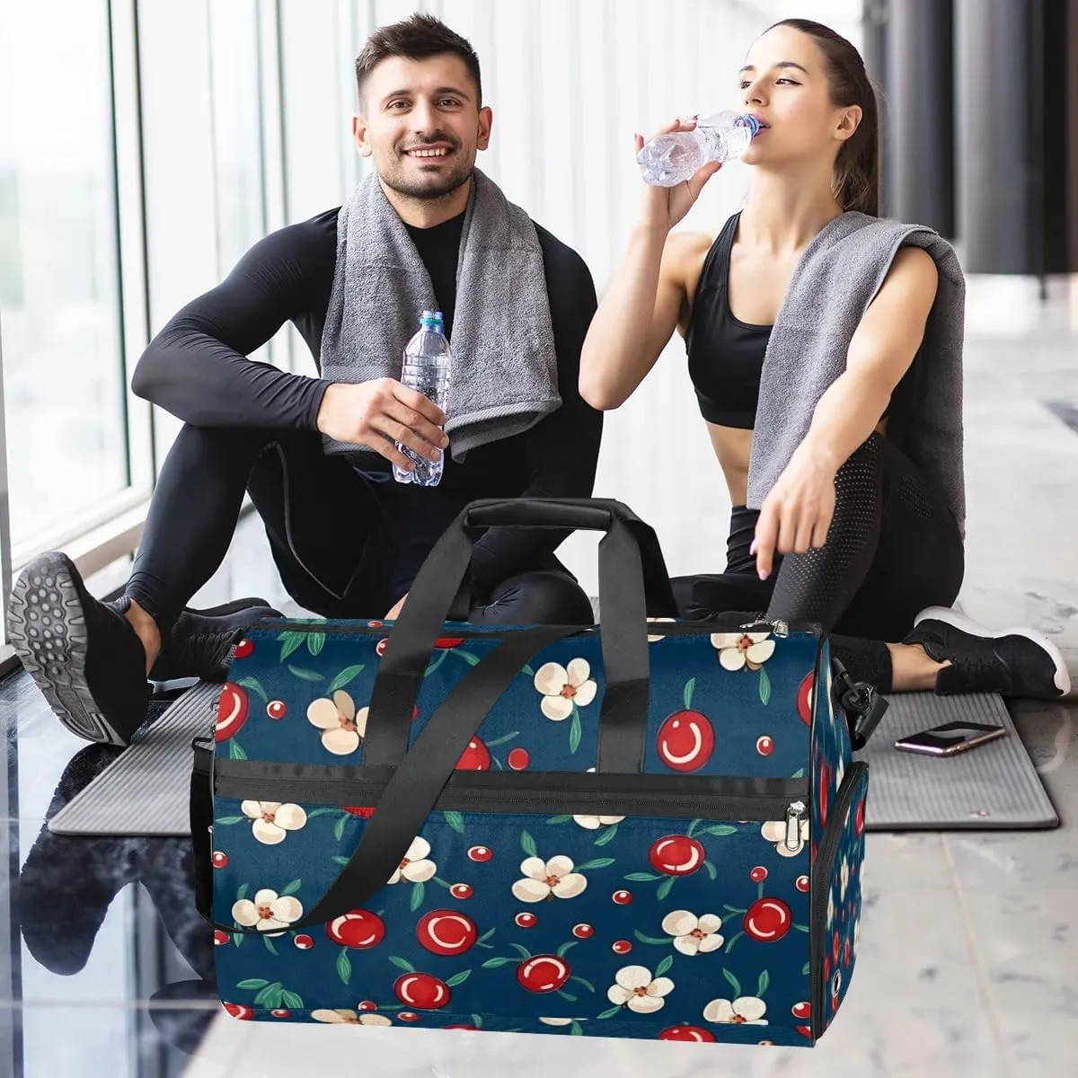 Sport Gym Bag for Women Men with Shoes Compartment & Wet Pocket, Travel Duffel Bag Sport Gym Tote Bags Swimming Yoga Ballet Weekend Overnight Bag Carry on Bag for Airplane (Fruits Cherry 2)