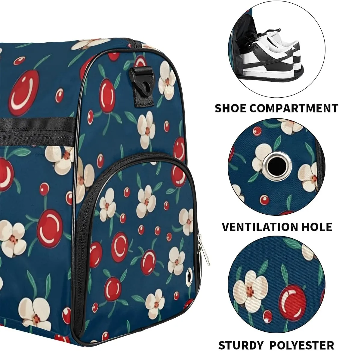 Sport Gym Bag for Women Men with Shoes Compartment & Wet Pocket, Travel Duffel Bag Sport Gym Tote Bags Swimming Yoga Ballet Weekend Overnight Bag Carry on Bag for Airplane (Fruits Cherry 2)