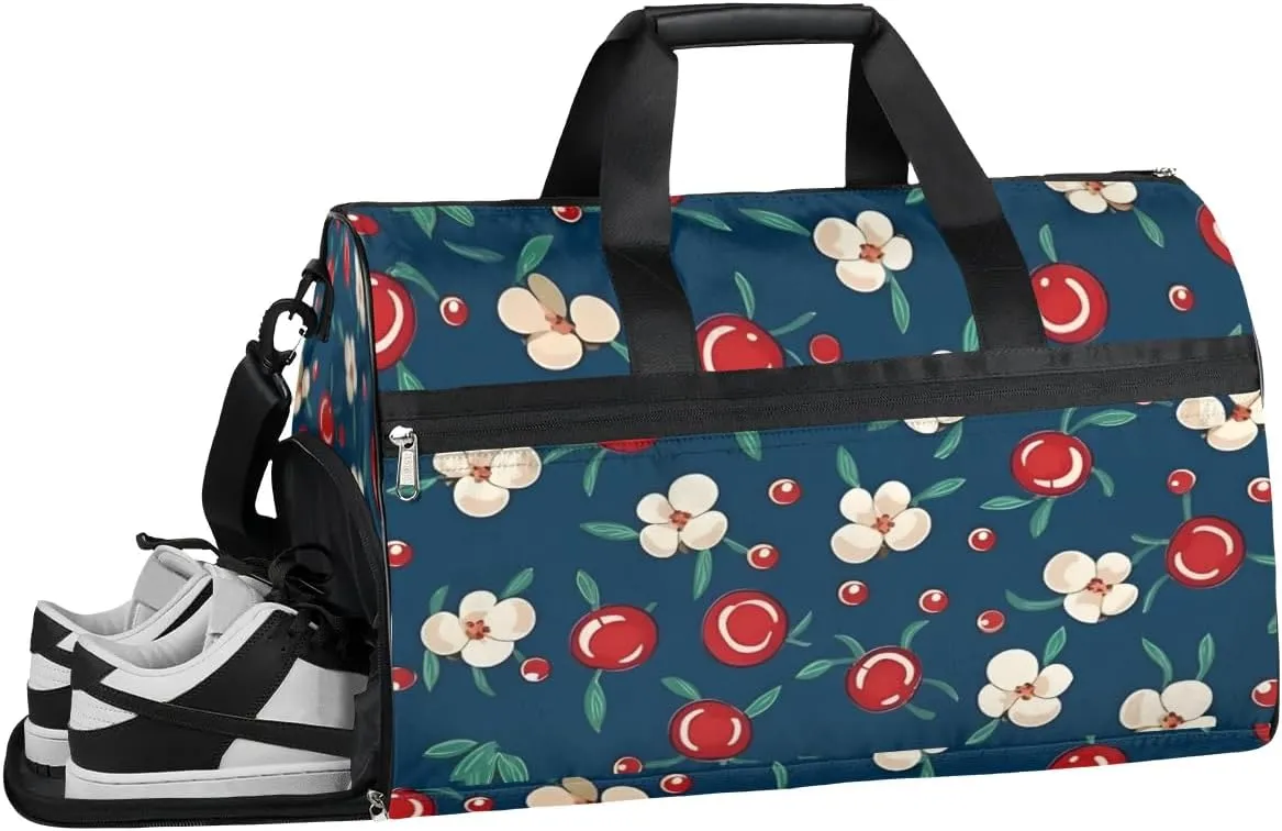 Sport Gym Bag for Women Men with Shoes Compartment & Wet Pocket, Travel Duffel Bag Sport Gym Tote Bags Swimming Yoga Ballet Weekend Overnight Bag Carry on Bag for Airplane (Fruits Cherry 2)