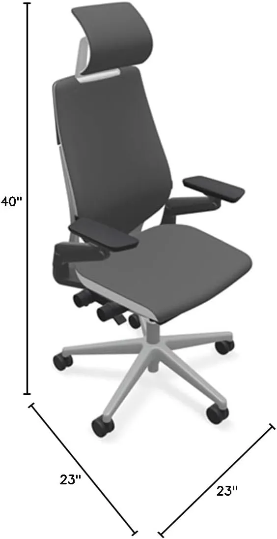 Steelcase Gesture Office Desk Chair with Headrest in Elmosoft Genuine Gunmetal L113 Leather Plus Lumbar Support Platinum Metallic Frame with Seagull Seat/Back Merle Arms (Light/Light)
