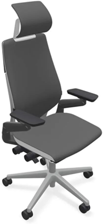 Steelcase Gesture Office Desk Chair with Headrest in Elmosoft Genuine Gunmetal L113 Leather Plus Lumbar Support Platinum Metallic Frame with Seagull Seat/Back Merle Arms (Light/Light)