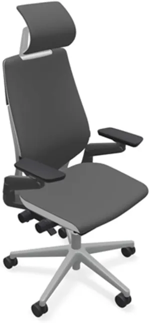 Steelcase Gesture Office Desk Chair with Headrest in Elmosoft Genuine Gunmetal L113 Leather Plus Lumbar Support Platinum Metallic Frame with Seagull Seat/Back Merle Arms (Light/Light)