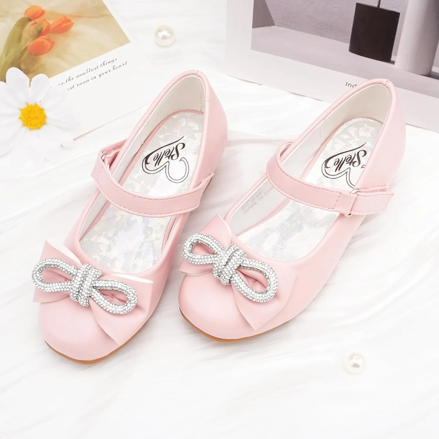 Stelle Girls Dress Shoes Flower Girls Wedding Party Low Heels with Bow for Toddler and Kids