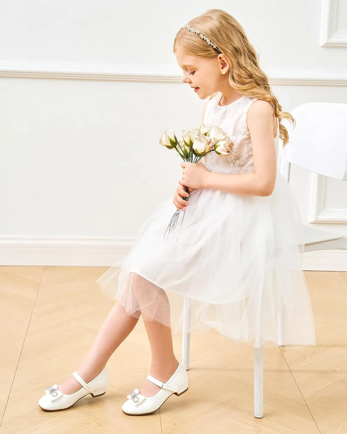 Stelle Girls Dress Shoes Flower Girls Wedding Party Low Heels with Bow for Toddler and Kids