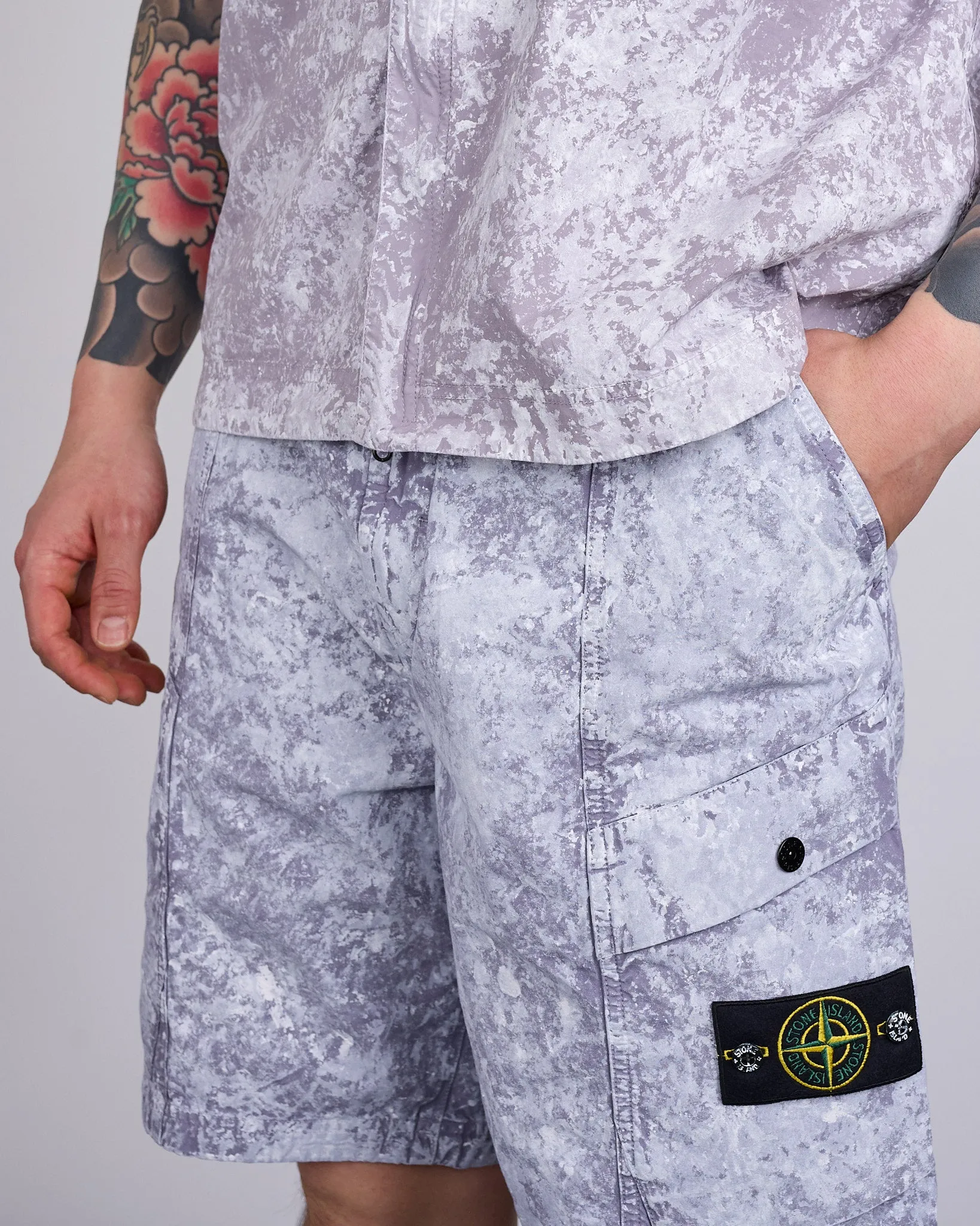 Stone Island White Pigment Print Belted Short Pearl Grey