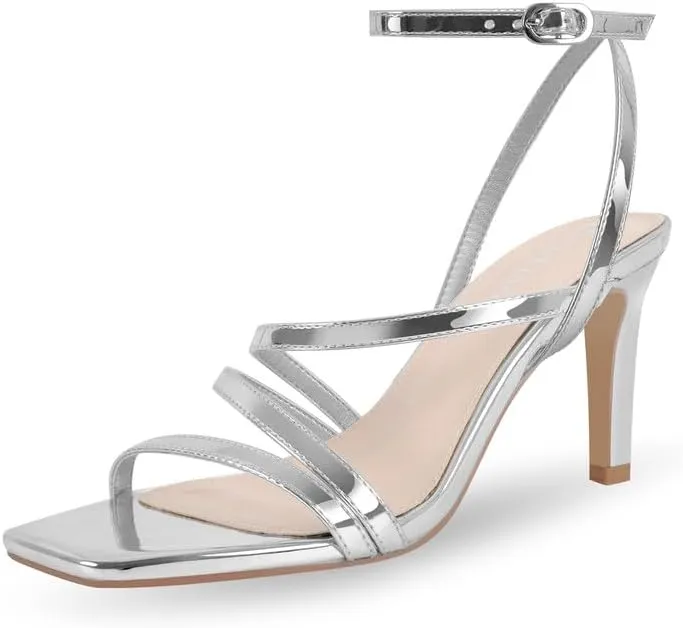 Strappy Heels for Women High Heels Ankle Heeled Square Open Toe Comfortable Sandals Strap Dress Shoes for Party Wedding