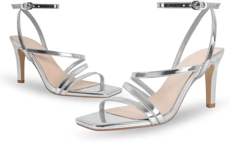Strappy Heels for Women High Heels Ankle Heeled Square Open Toe Comfortable Sandals Strap Dress Shoes for Party Wedding