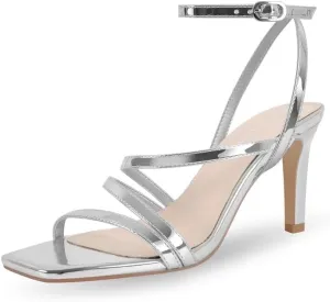 Strappy Heels for Women High Heels Ankle Heeled Square Open Toe Comfortable Sandals Strap Dress Shoes for Party Wedding
