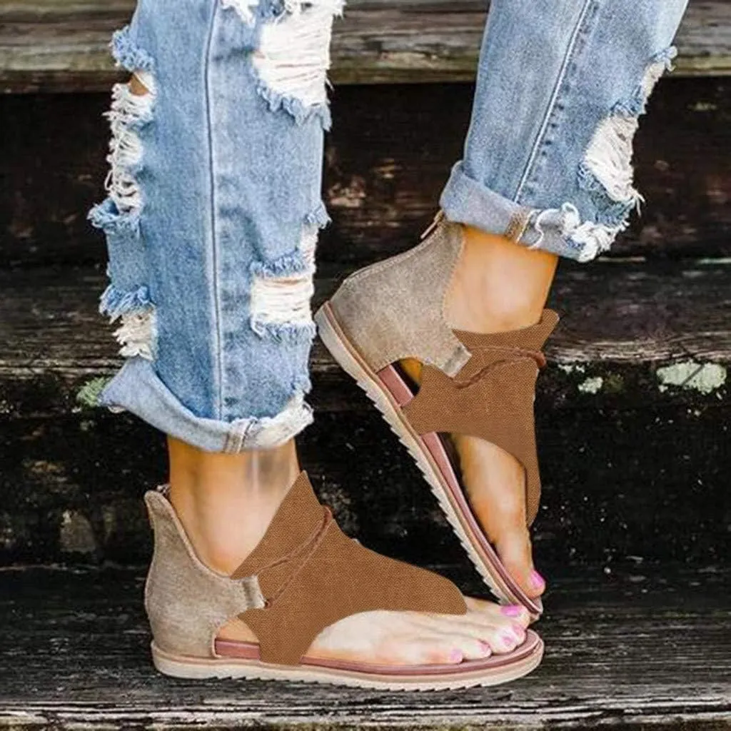 SuanlaTDS Flat Sandals for Women Comfortable Dressy Flip Flops Open Toe Low Heel Summer Beach Gladiator Sandal with Back Zipper 2025 Canvas Thong Boho Outdoor Walking Flats Roman Shoes