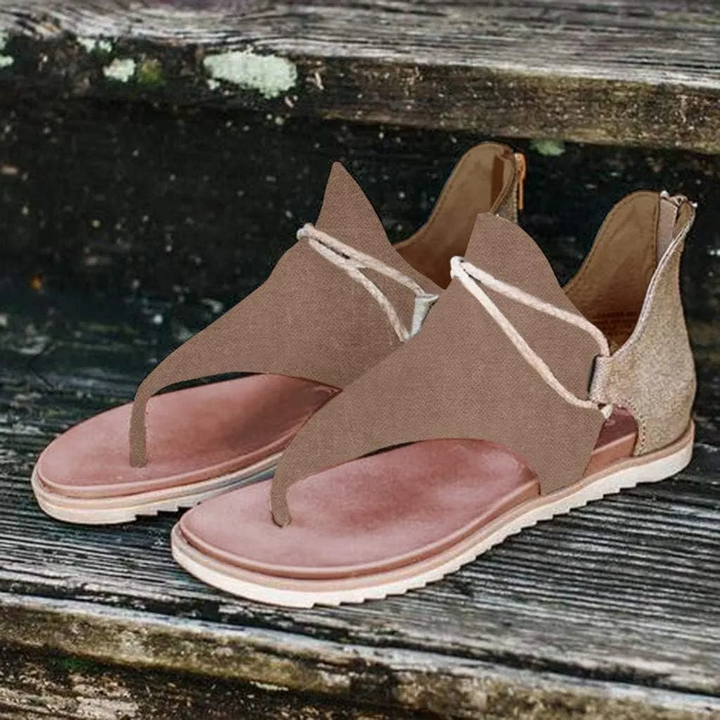 SuanlaTDS Flat Sandals for Women Comfortable Dressy Flip Flops Open Toe Low Heel Summer Beach Gladiator Sandal with Back Zipper 2025 Canvas Thong Boho Outdoor Walking Flats Roman Shoes