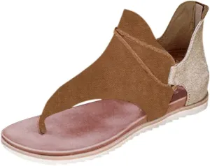 SuanlaTDS Flat Sandals for Women Comfortable Dressy Flip Flops Open Toe Low Heel Summer Beach Gladiator Sandal with Back Zipper 2025 Canvas Thong Boho Outdoor Walking Flats Roman Shoes