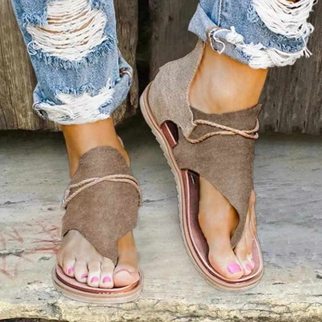 SuanlaTDS Flat Sandals for Women Comfortable Dressy Flip Flops Open Toe Low Heel Summer Beach Gladiator Sandal with Back Zipper 2025 Canvas Thong Boho Outdoor Walking Flats Roman Shoes