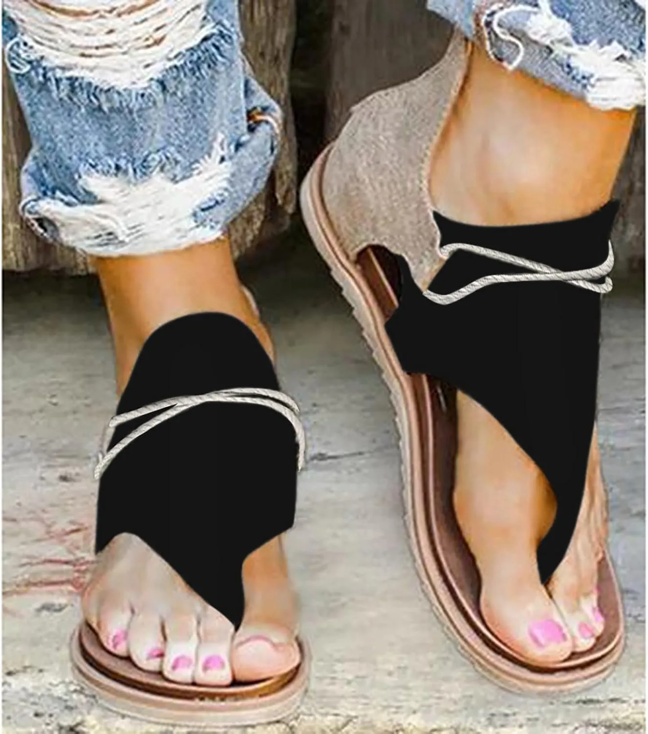 SuanlaTDS Flat Sandals for Women Comfortable Dressy Flip Flops Open Toe Low Heel Summer Beach Gladiator Sandal with Back Zipper 2025 Canvas Thong Boho Outdoor Walking Flats Roman Shoes