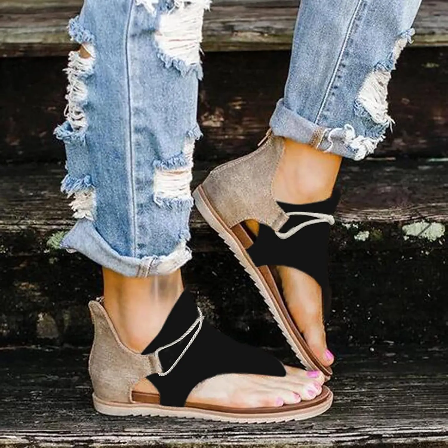 SuanlaTDS Flat Sandals for Women Comfortable Dressy Flip Flops Open Toe Low Heel Summer Beach Gladiator Sandal with Back Zipper 2025 Canvas Thong Boho Outdoor Walking Flats Roman Shoes