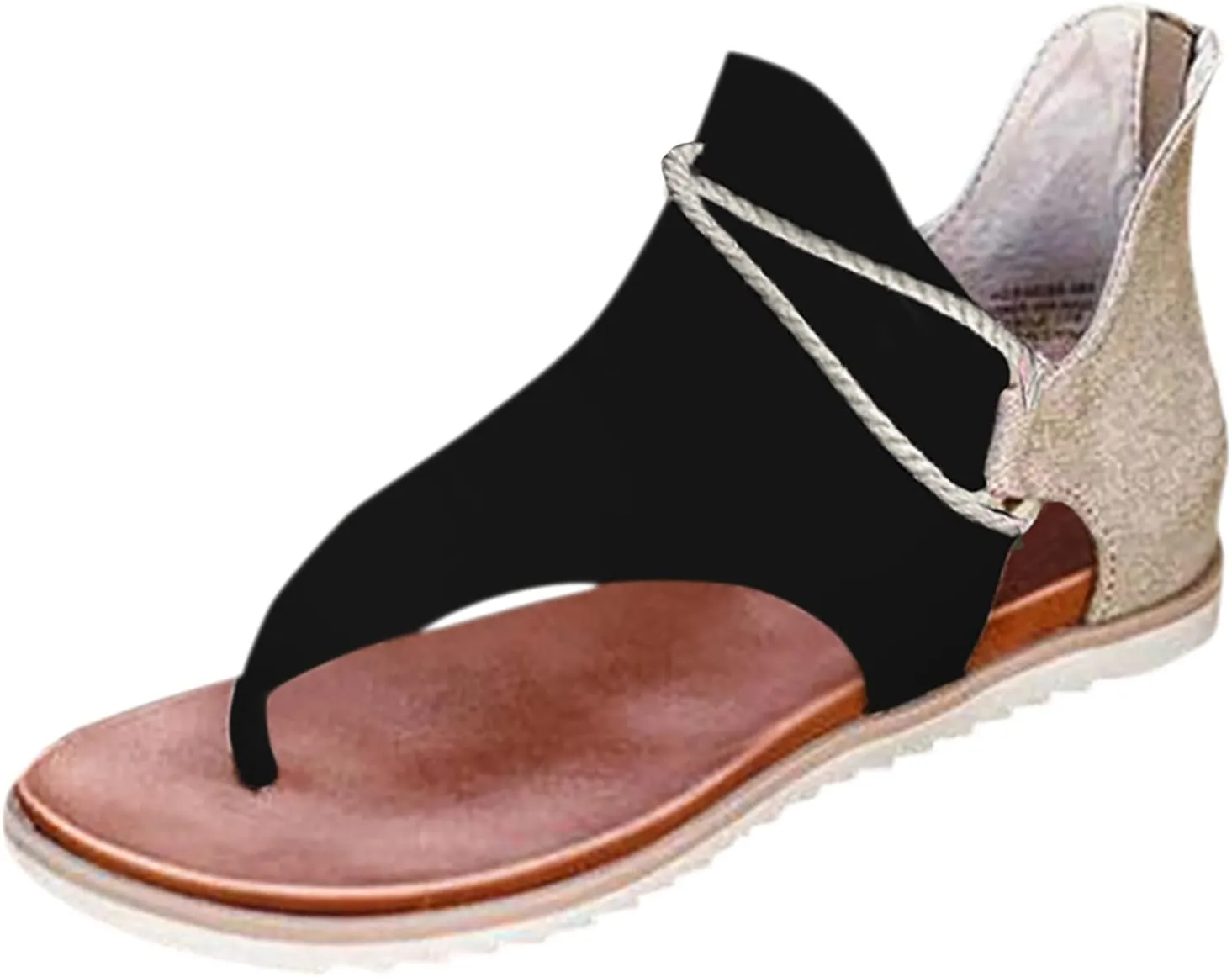 SuanlaTDS Flat Sandals for Women Comfortable Dressy Flip Flops Open Toe Low Heel Summer Beach Gladiator Sandal with Back Zipper 2025 Canvas Thong Boho Outdoor Walking Flats Roman Shoes
