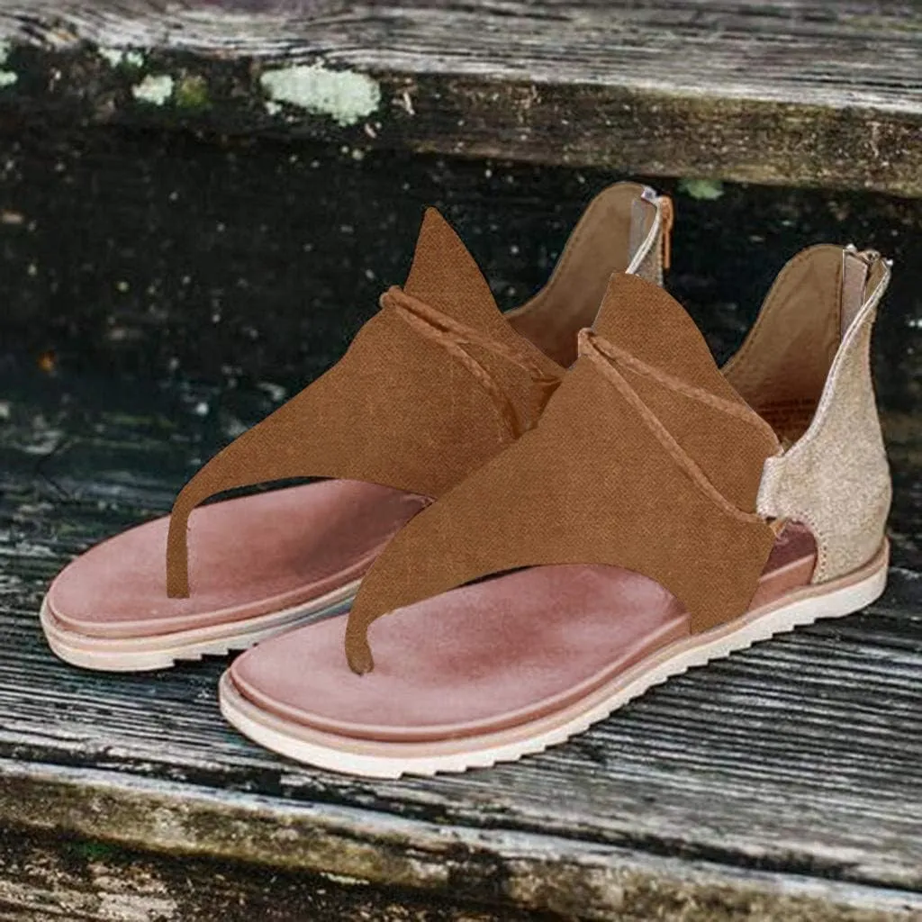 SuanlaTDS Flat Sandals for Women Comfortable Dressy Flip Flops Open Toe Low Heel Summer Beach Gladiator Sandal with Back Zipper 2025 Canvas Thong Boho Outdoor Walking Flats Roman Shoes