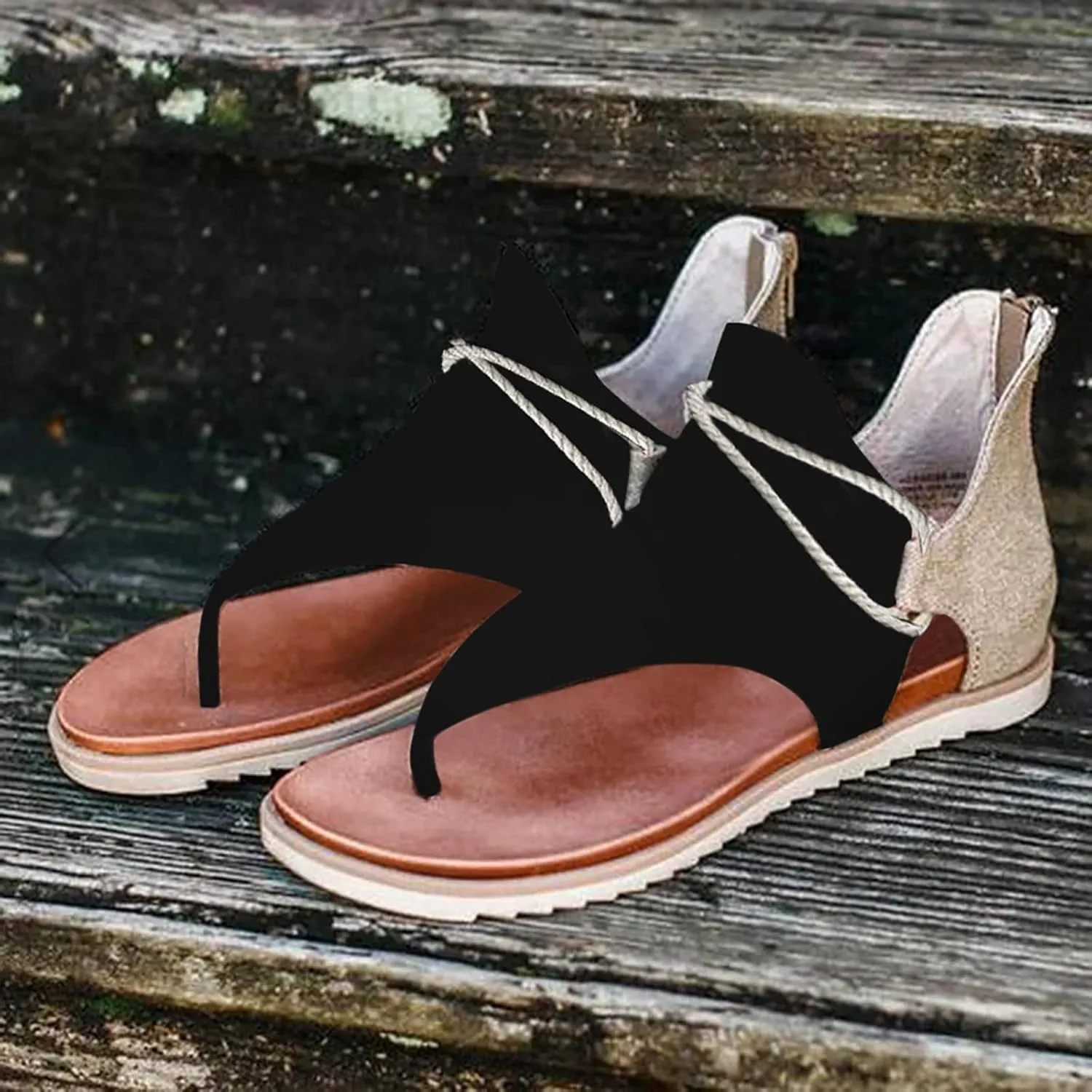 SuanlaTDS Flat Sandals for Women Comfortable Dressy Flip Flops Open Toe Low Heel Summer Beach Gladiator Sandal with Back Zipper 2025 Canvas Thong Boho Outdoor Walking Flats Roman Shoes