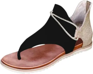 SuanlaTDS Flat Sandals for Women Comfortable Dressy Flip Flops Open Toe Low Heel Summer Beach Gladiator Sandal with Back Zipper 2025 Canvas Thong Boho Outdoor Walking Flats Roman Shoes