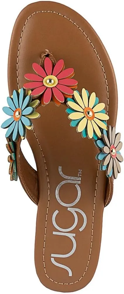 Sugar Women’s Vegan Leather Flip Flops with Embellished Floral Design – Dressy Thong Sandals, Perfect for Casual, Beach, or Pool Wear