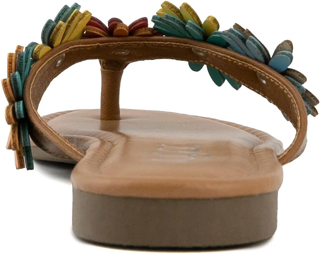 Sugar Women’s Vegan Leather Flip Flops with Embellished Floral Design – Dressy Thong Sandals, Perfect for Casual, Beach, or Pool Wear