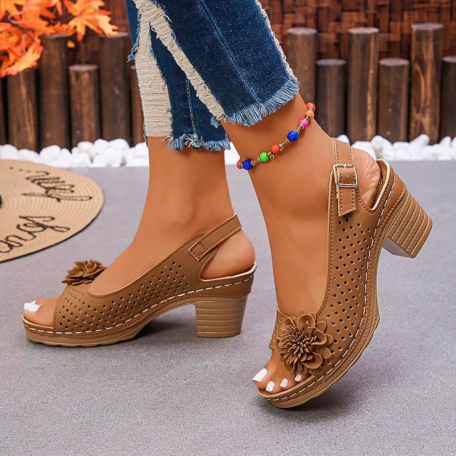 Summer Sandals for Women Open Toe Ankle Strap Chunky High Heels Sandals Peep Flowers Hollow Out Sandal Chunky Block Dress Adjustable Strappy Shoes Lightweight Platform Wedge Fashion Footwear