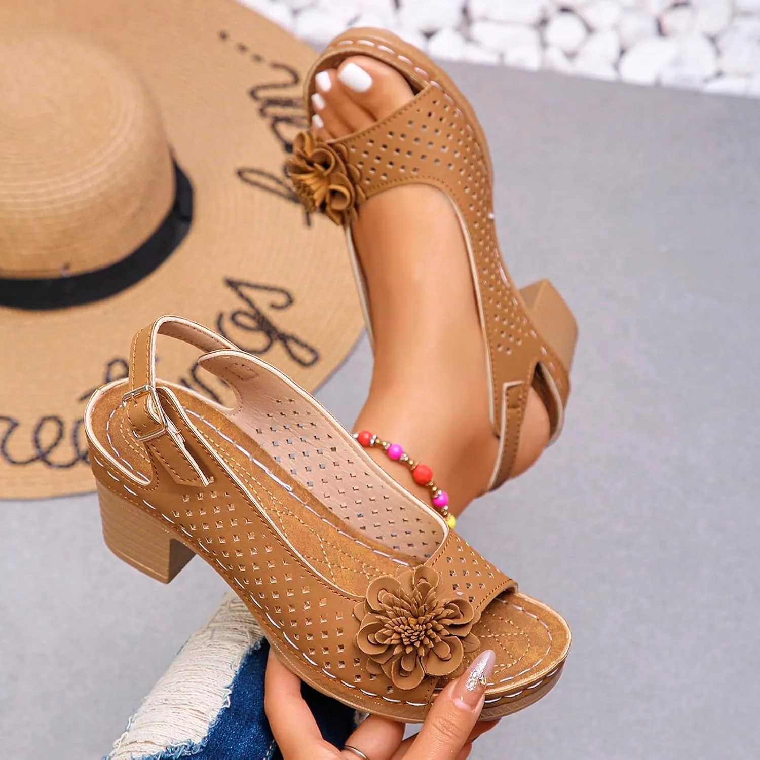 Summer Sandals for Women Open Toe Ankle Strap Chunky High Heels Sandals Peep Flowers Hollow Out Sandal Chunky Block Dress Adjustable Strappy Shoes Lightweight Platform Wedge Fashion Footwear