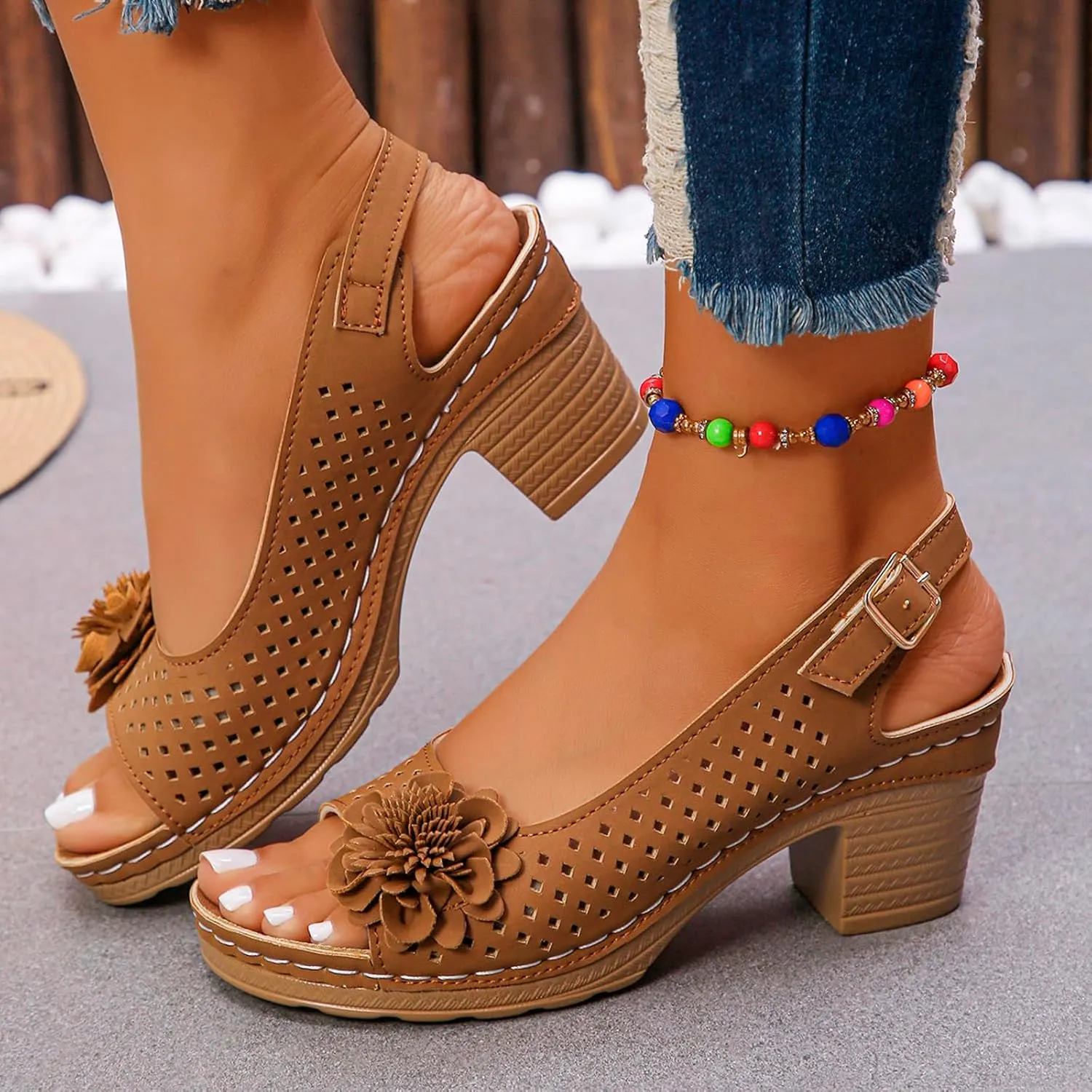 Summer Sandals for Women Open Toe Ankle Strap Chunky High Heels Sandals Peep Flowers Hollow Out Sandal Chunky Block Dress Adjustable Strappy Shoes Lightweight Platform Wedge Fashion Footwear