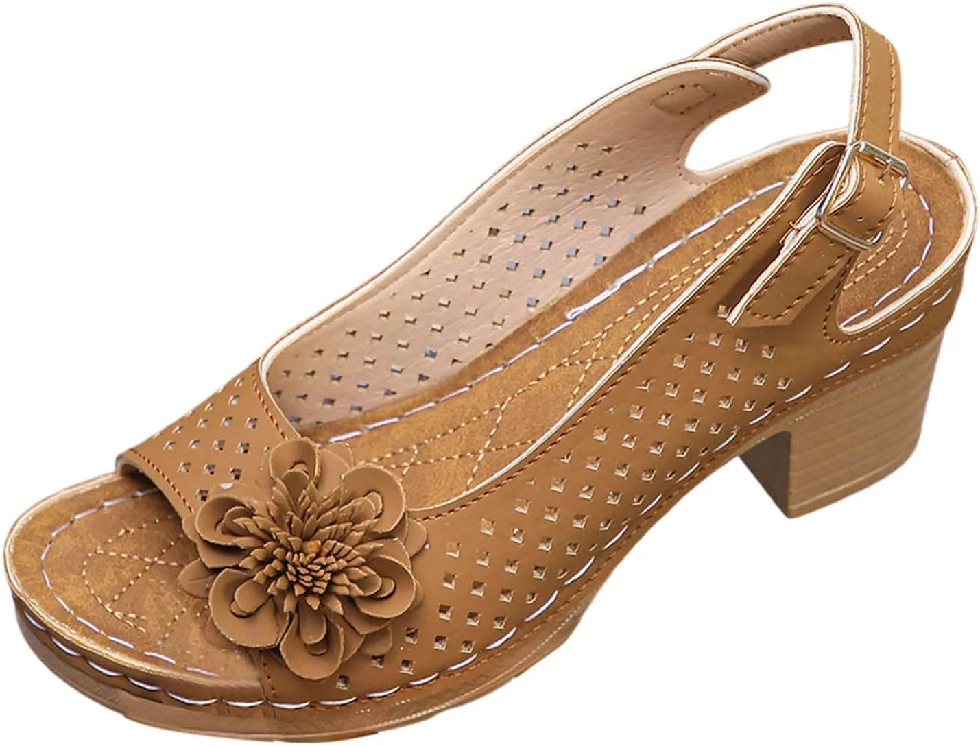 Summer Sandals for Women Open Toe Ankle Strap Chunky High Heels Sandals Peep Flowers Hollow Out Sandal Chunky Block Dress Adjustable Strappy Shoes Lightweight Platform Wedge Fashion Footwear