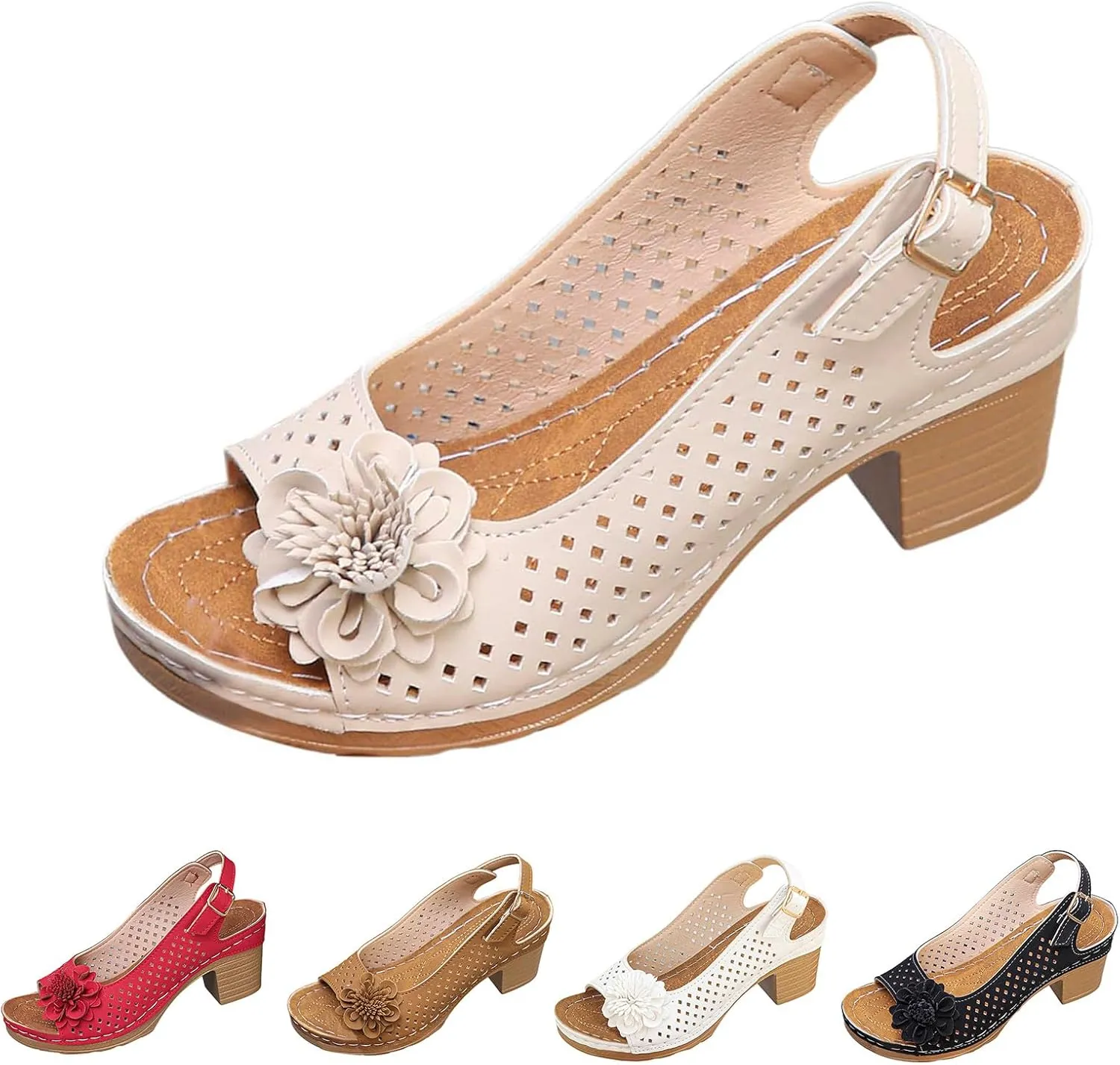 Summer Sandals for Women Open Toe Ankle Strap Chunky High Heels Sandals Peep Flowers Hollow Out Sandal Chunky Block Dress Adjustable Strappy Shoes Lightweight Platform Wedge Fashion Footwear