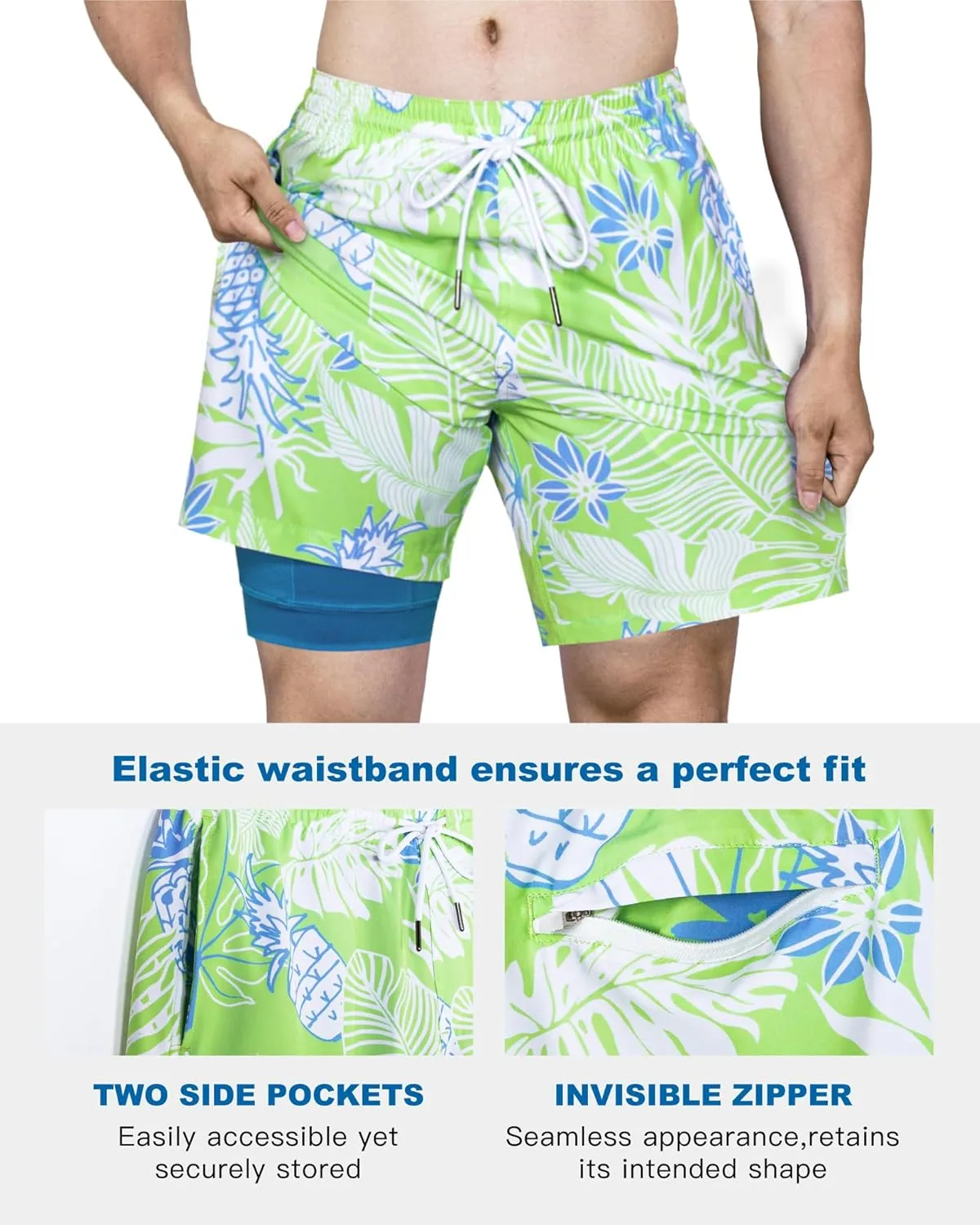 SURF CUZ Mens Swim Trunks with Compression Liner Quick Dry Swim Shorts 7" Swimming Trunks Stretch Bathing Suit 7 Inch