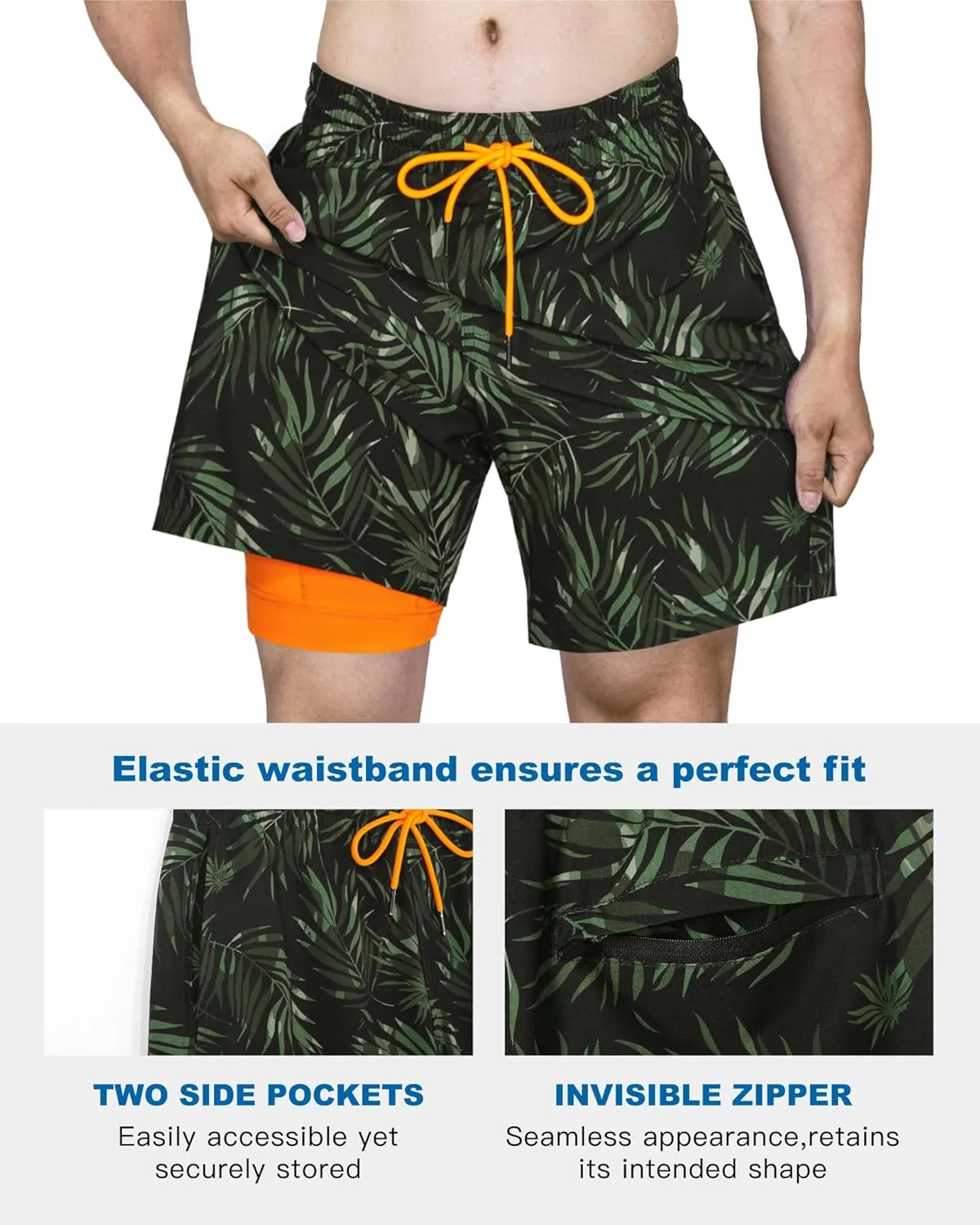 SURF CUZ Mens Swim Trunks with Compression Liner Quick Dry Swim Shorts 7" Swimming Trunks Stretch Bathing Suit 7 Inch