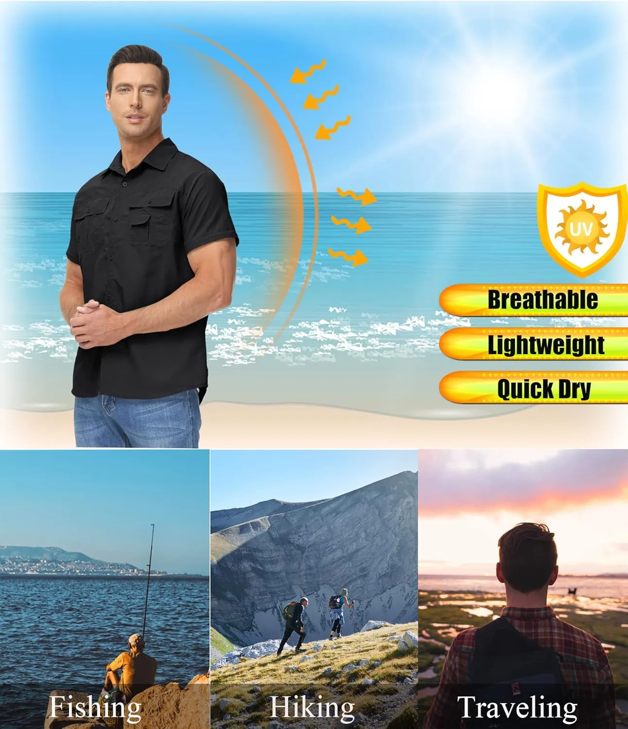 TACVASEN Men's Convertible Long Sleeve Fishing Shirts Quick Dry Button Up Tactical Shirts for Work Safari Hiking