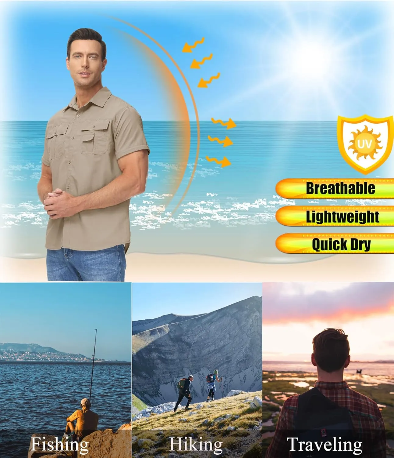 TACVASEN Men's Convertible Long Sleeve Fishing Shirts Quick Dry Button Up Tactical Shirts for Work Safari Hiking