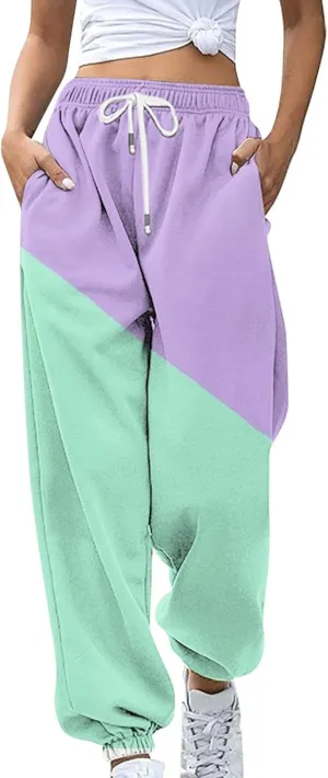 Teen Girls Cute Sweatpants Two Tone Drawstring Elastic Waist Cinch Bottom Joggers Lounge Slacks Womens Loose Soft Activewear