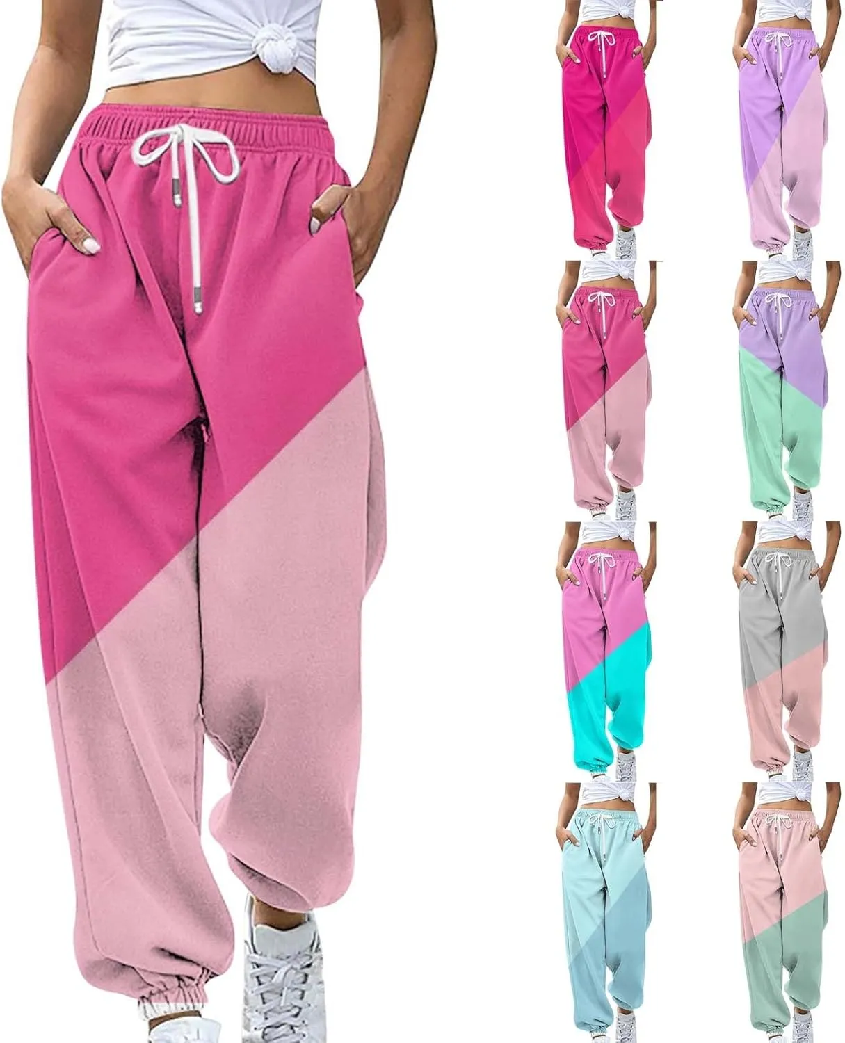 Teen Girls Cute Sweatpants Two Tone Drawstring Elastic Waist Cinch Bottom Joggers Lounge Slacks Womens Loose Soft Activewear