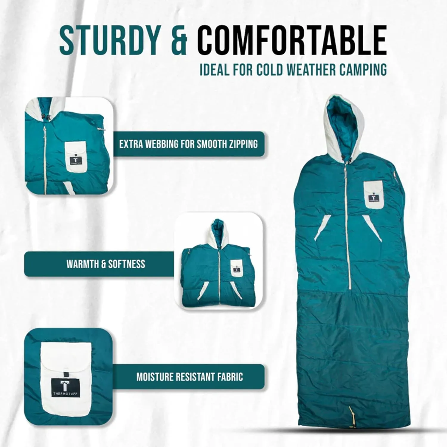 Thermotuff Wearable Sleeping Bag with Dual Hoodie, Zippered Arm Holes, Pockets & Adjustable Drawstring - Ideal for Camping, Cold Weather Hiking, and Stadium Sak Blanket