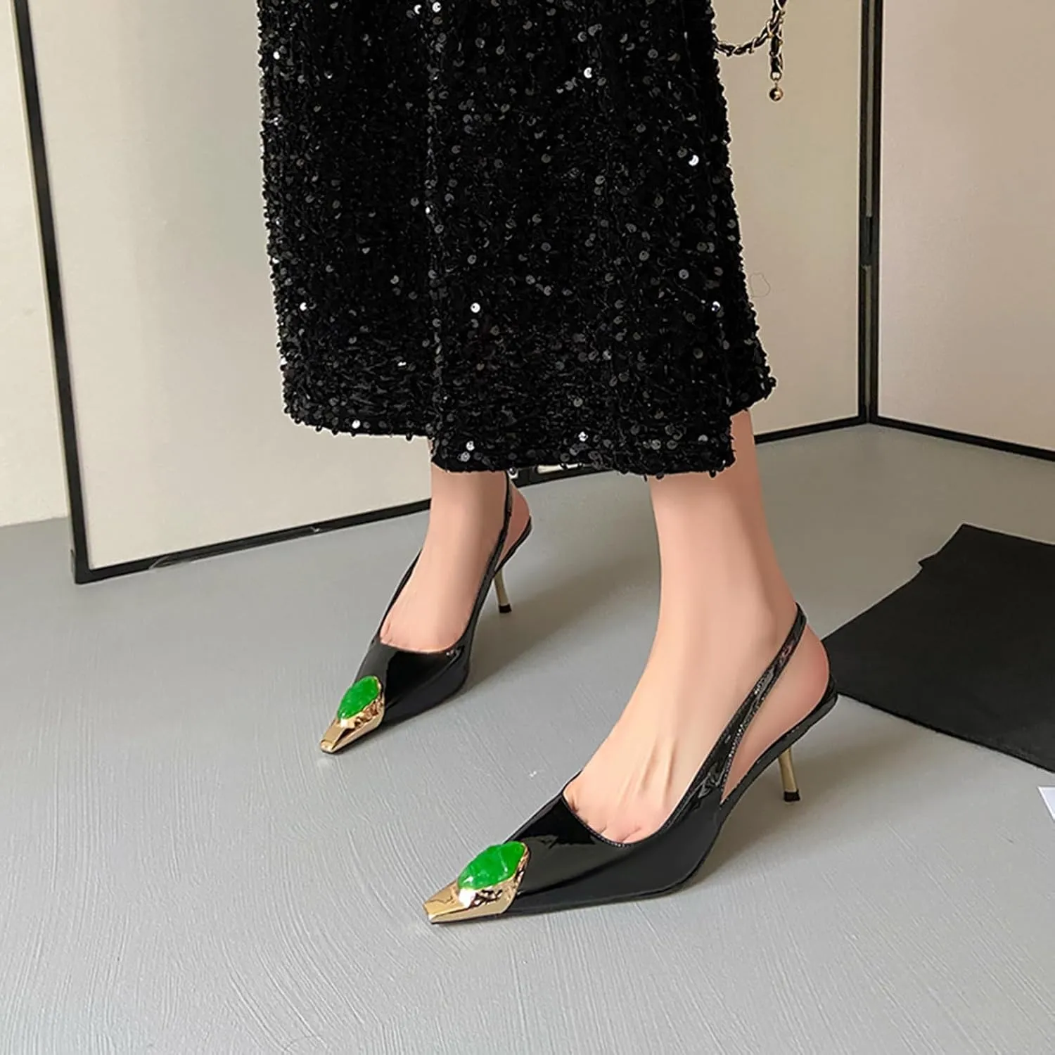 THESHY Womens Slingback High Heels Metal Pointed Toe Stiletto Heels Gems Embellished Stretch Slingback Pumps Patent Leather Fashion Party Dress Shoes for Women