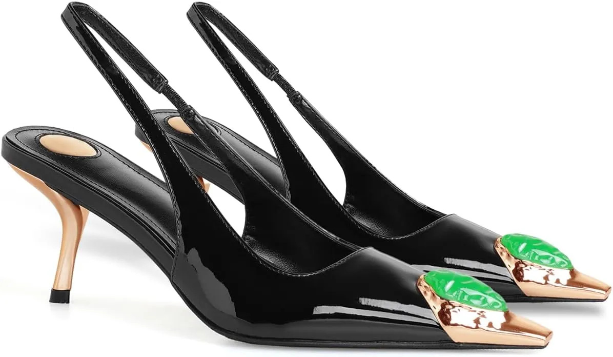 THESHY Womens Slingback High Heels Metal Pointed Toe Stiletto Heels Gems Embellished Stretch Slingback Pumps Patent Leather Fashion Party Dress Shoes for Women
