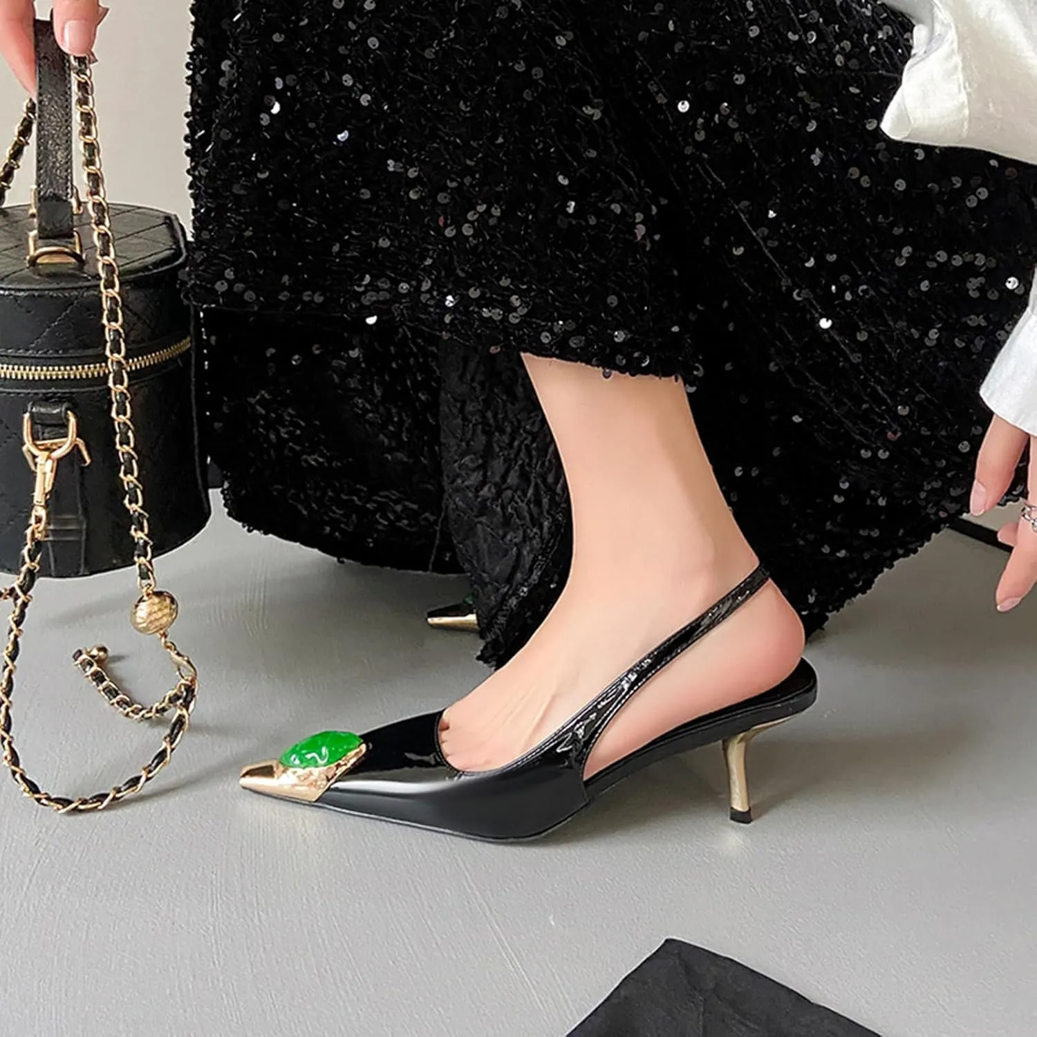 THESHY Womens Slingback High Heels Metal Pointed Toe Stiletto Heels Gems Embellished Stretch Slingback Pumps Patent Leather Fashion Party Dress Shoes for Women