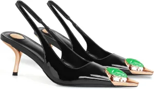THESHY Womens Slingback High Heels Metal Pointed Toe Stiletto Heels Gems Embellished Stretch Slingback Pumps Patent Leather Fashion Party Dress Shoes for Women