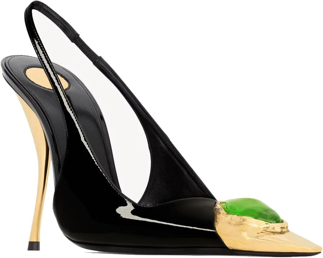 THESHY Womens Slingback High Heels Metal Pointed Toe Stiletto Heels Gems Embellished Stretch Slingback Pumps Patent Leather Fashion Party Dress Shoes for Women